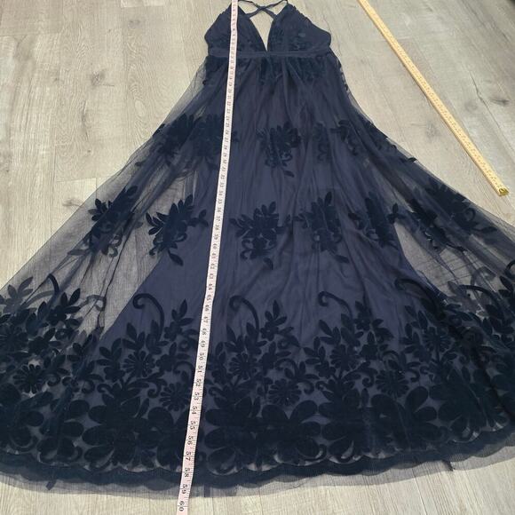 Women’s Navy Mesh Floral Burnout Cocktail Maxi Dress M Romantic Elegant Evening - Picture 10 of 13